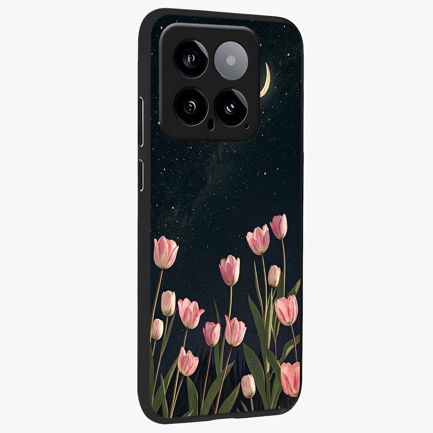 Midnight Tulip Whispers Vibe Glass Case upright view showcasing graceful tulip artwork with calm botanical theme.