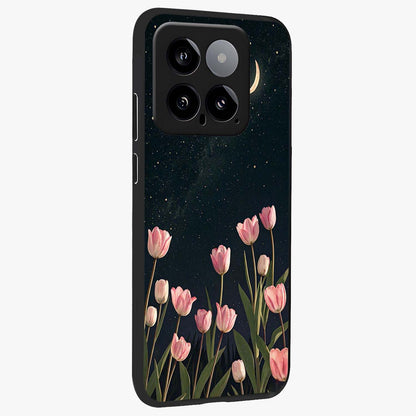 Midnight Tulip Whispers Vibe Glass Case upright view showcasing graceful tulip artwork with calm botanical theme.