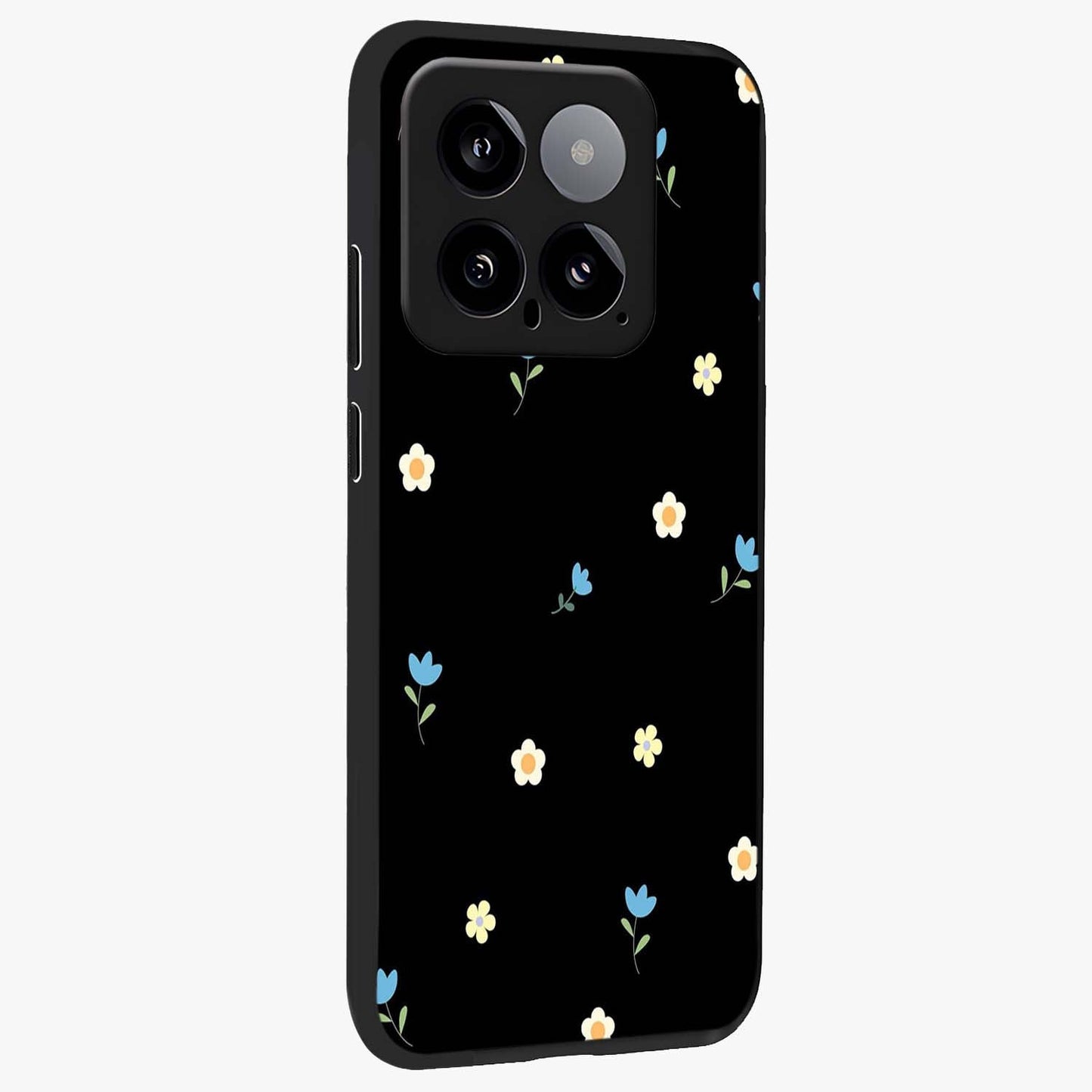 Minimal Petal Whispers Glass Case upright view showcasing elegant floral artwork with modern minimalist style.