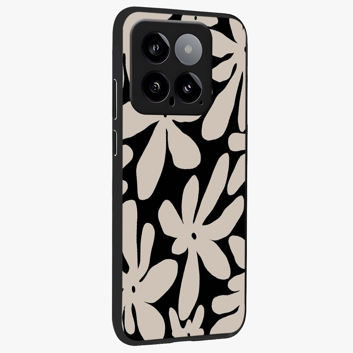 Monochrome Petal Dance Glass Case upright view showcasing artistic floral pattern with stylish monochrome theme.