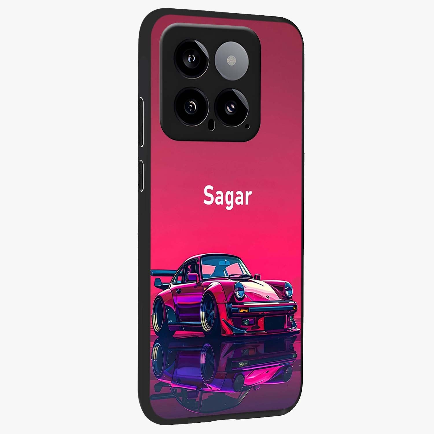 Neon Pink Porsche Glass Case upright view showcasing vibrant sports car artwork with bold automotive theme.