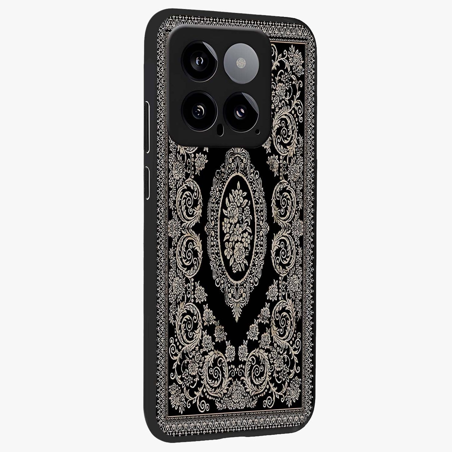Noir Bloom Elegance Glass Case upright view showcasing graceful floral artwork with luxurious dark theme.