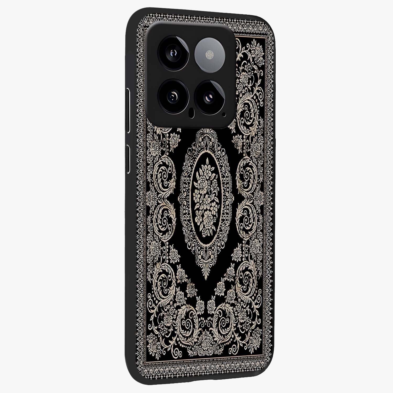Noir Bloom Elegance Glass Case upright view showcasing graceful floral artwork with luxurious dark theme.