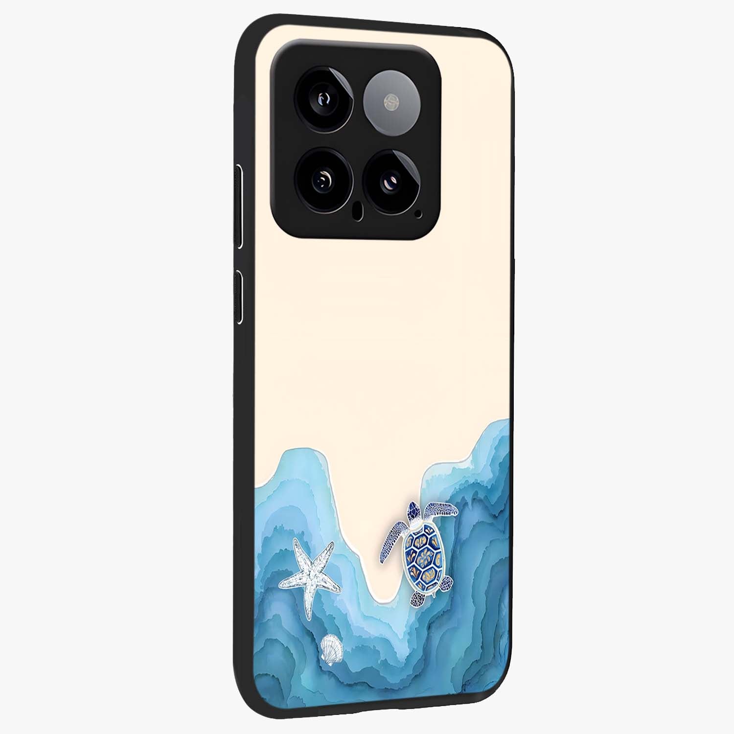 Ocean Drift Turtle Glass Case upright view showcasing calm underwater turtle artwork with nature inspired theme.