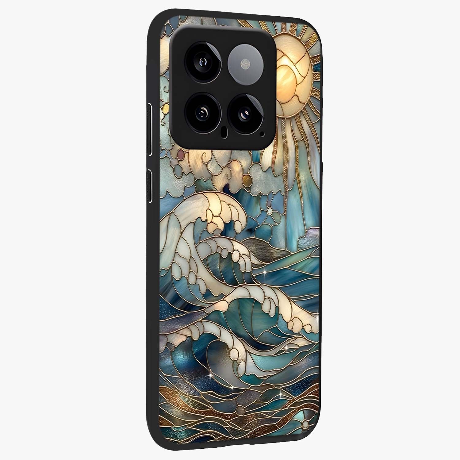 Oceanic Stained Printed Glass Case upright view showcasing decorative ocean pattern artwork with vibrant marine theme.