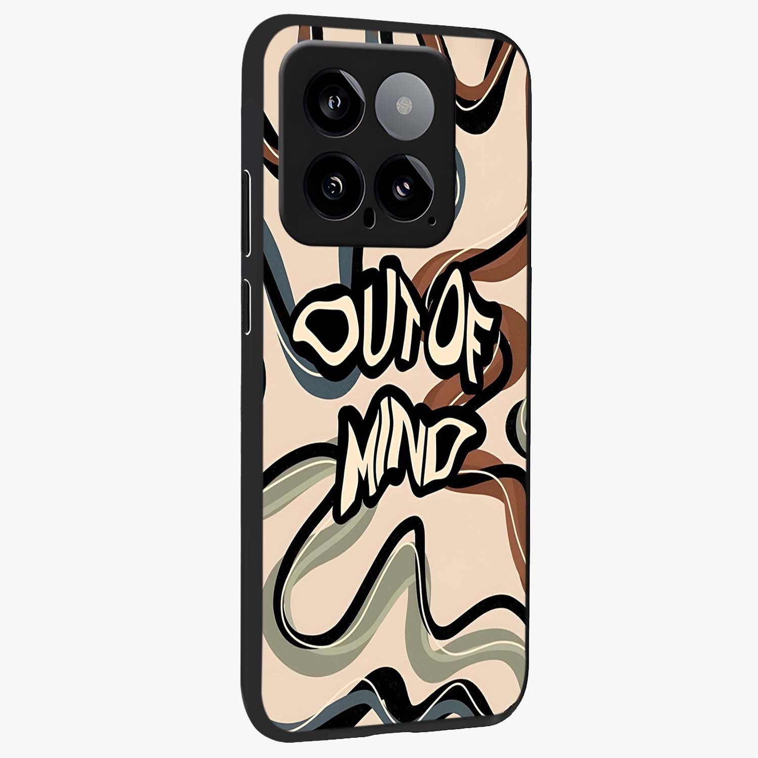 Out Of Mind Glass Case upright view showcasing striking typography artwork with edgy conceptual theme.