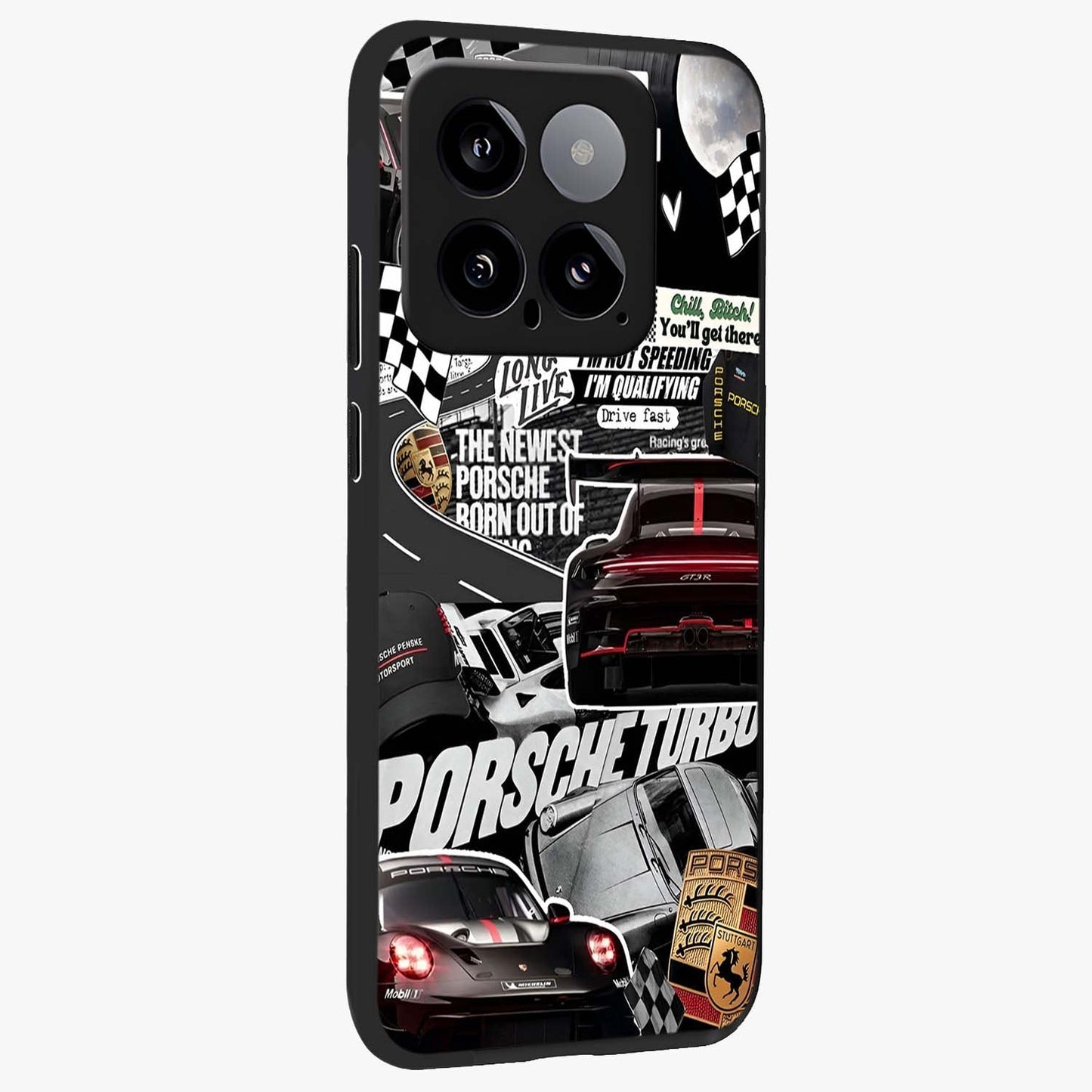 Porsche Racing Collage Glass Case upright view showcasing energetic car collage artwork with high speed racing theme.