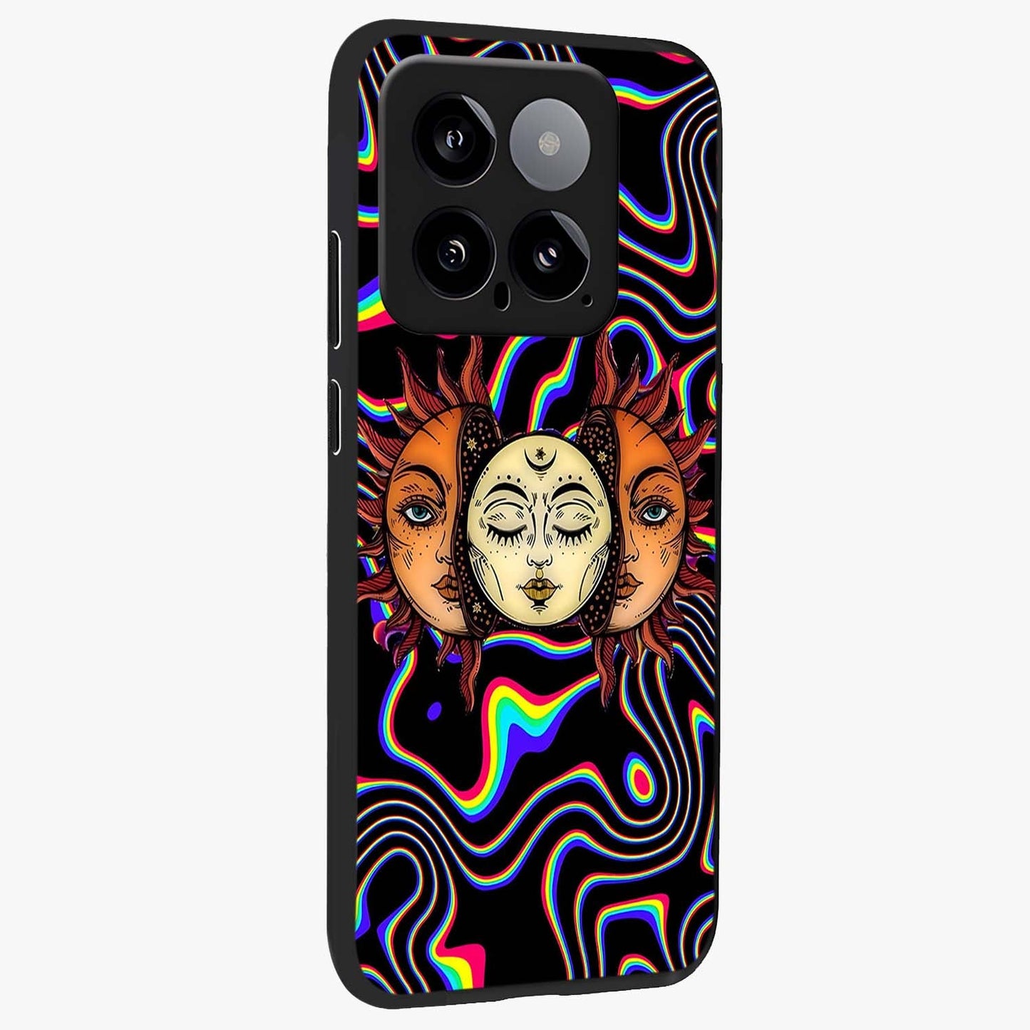 Psychedelic Sun Glass Case upright view showcasing trippy sun artwork with bold psychedelic theme.