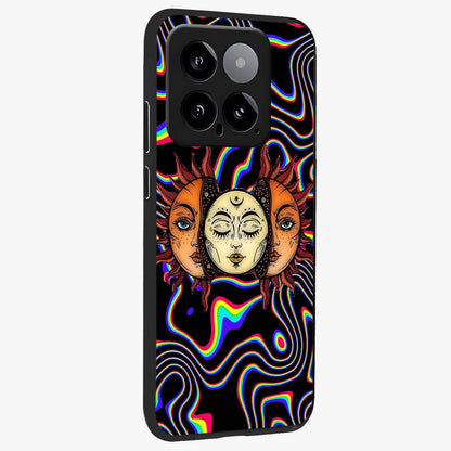 Psychedelic Sun Glass Case upright view showcasing trippy sun artwork with bold psychedelic theme.