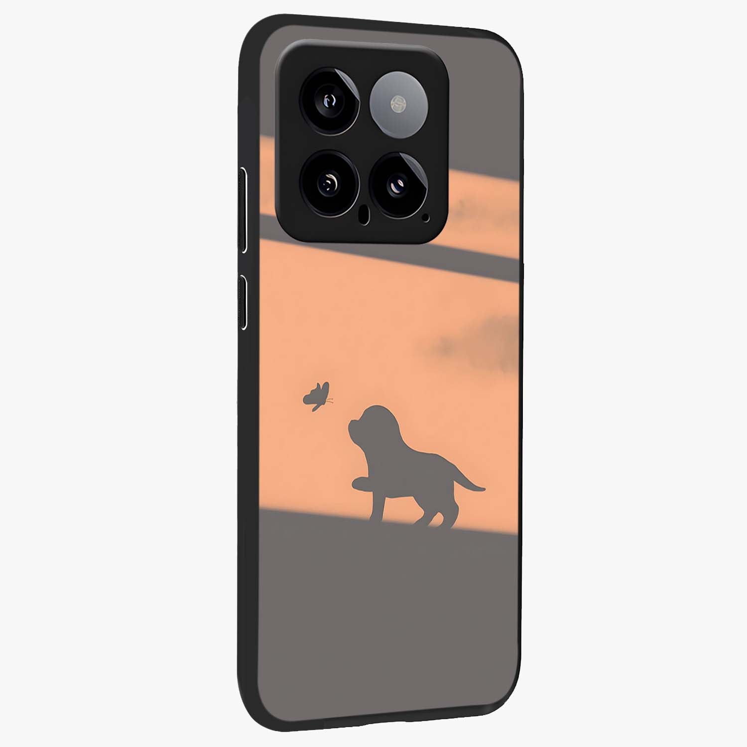 Puppy Shadow Art Glass Case upright view showcasing charming puppy artwork with creative silhouette theme.