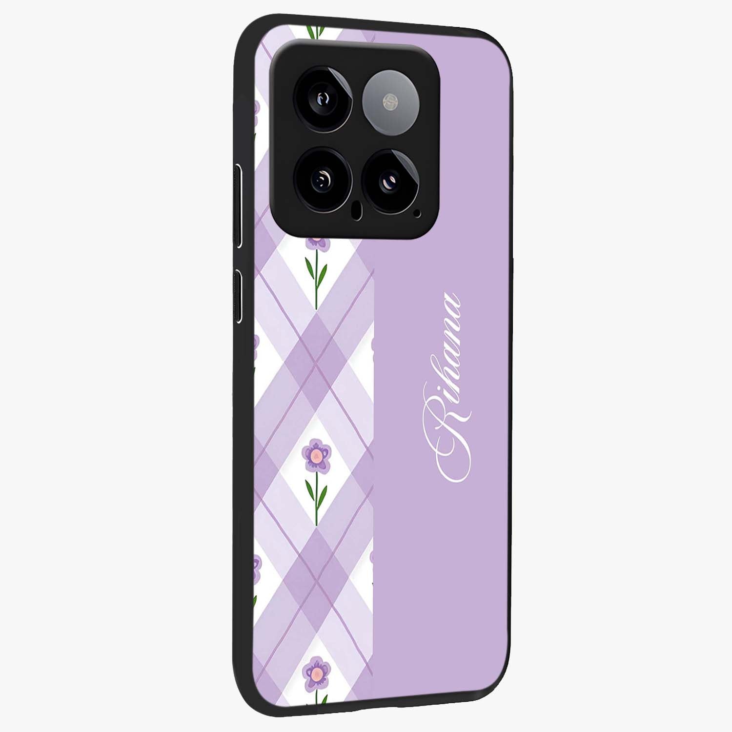 Purple Diamond Floral Glass Case upright view showcasing vibrant floral artwork with stylish geometric theme.
