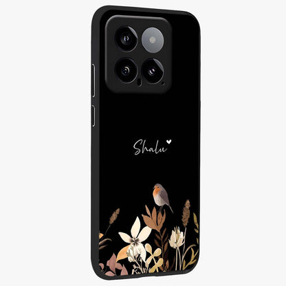 Quiet Garden Tune Custom Name Glass Case upright view showcasing serene botanical artwork with personalized aesthetic.