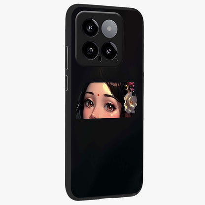 Radha Divine Embrace Glass Case upright view showcasing sacred Radha themed artwork with peaceful devotional style.