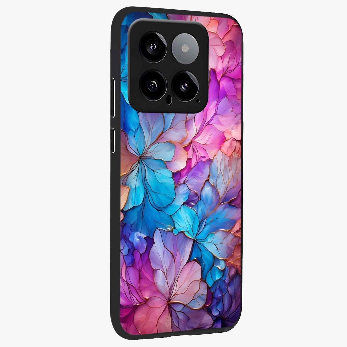 Radiant Floral Whirl Glass Case upright view showcasing lively floral artwork with decorative swirl theme.