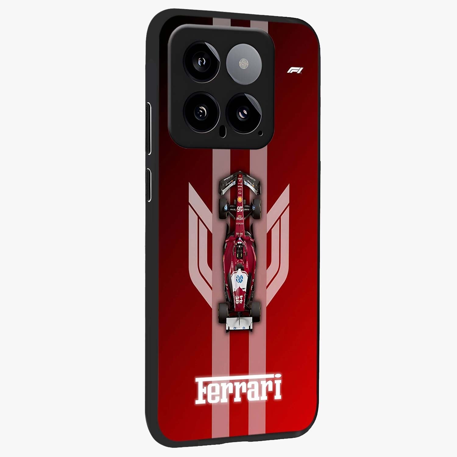 Red Ferrari F1 Vertical Glass Case upright view showcasing powerful Formula car artwork with dynamic motorsport theme.