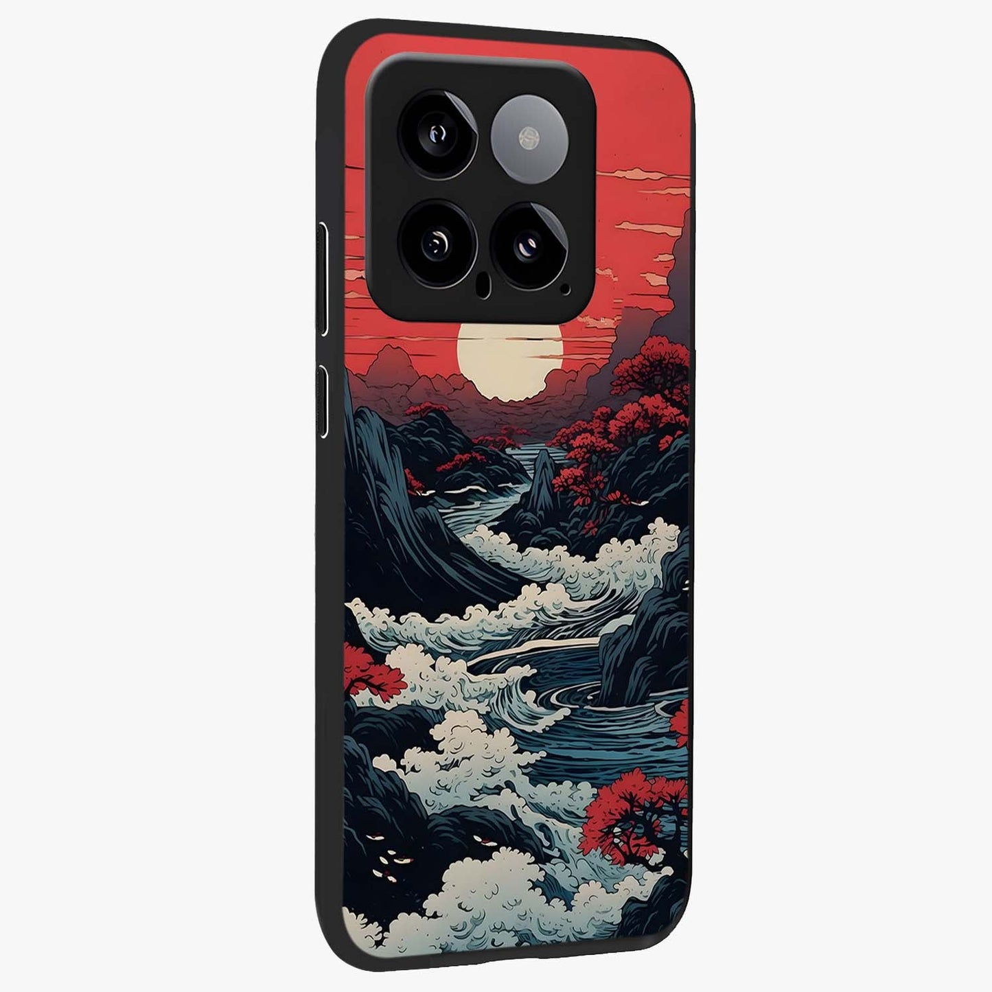 Red Sunset Scenery Glass Case upright view showcasing dramatic sunset scenery artwork with warm nature theme.