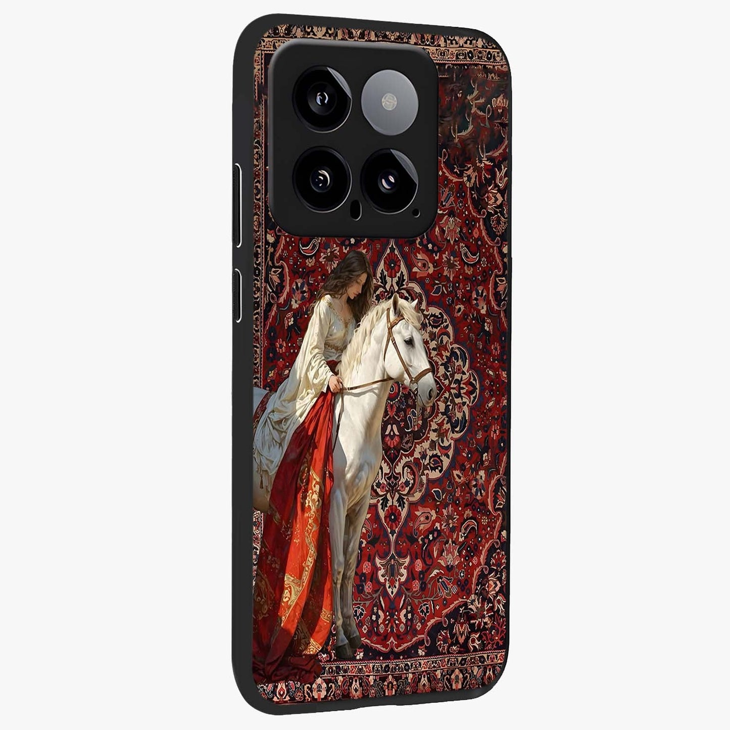 Royal Rider Tapestry Glass Case upright view showcasing detailed rider artwork with classic tapestry theme.