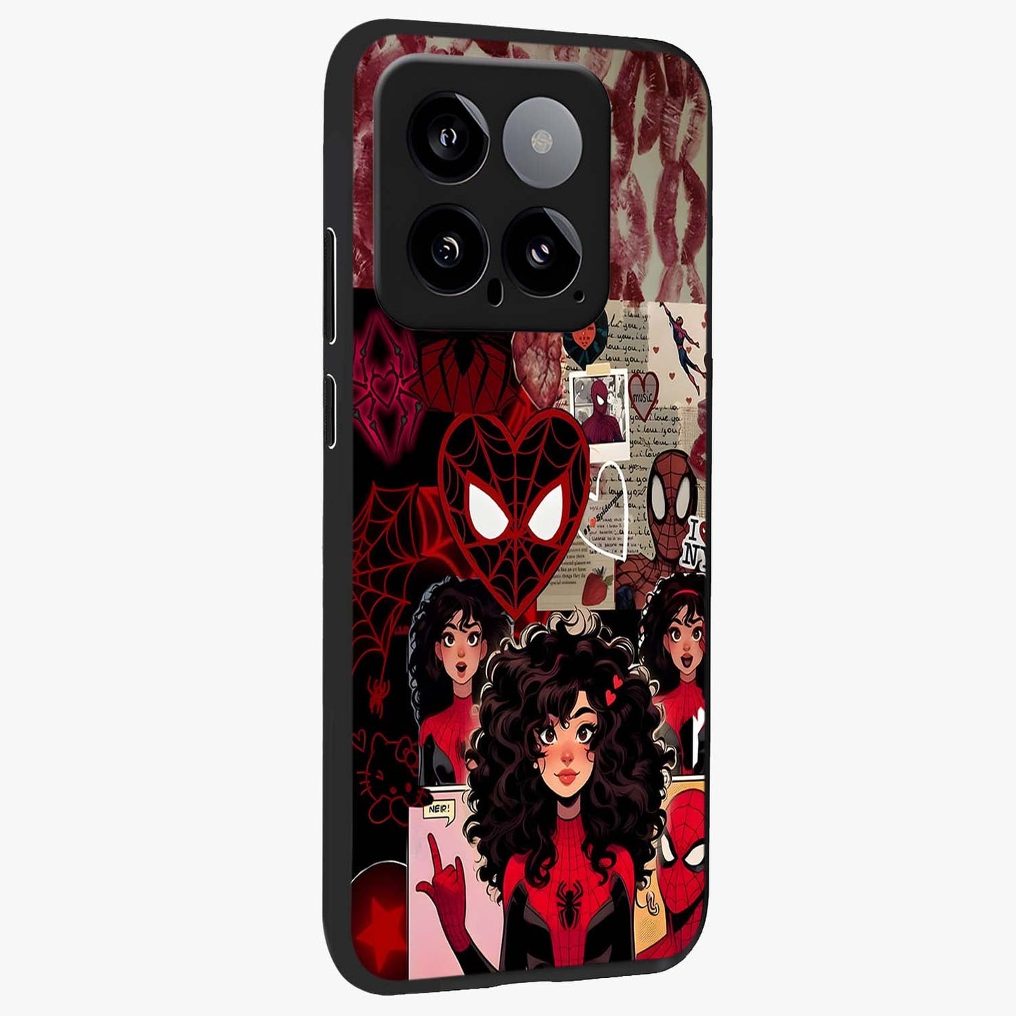 Spider Love Story Glass Case upright view showcasing charming superhero artwork with romantic comic theme.