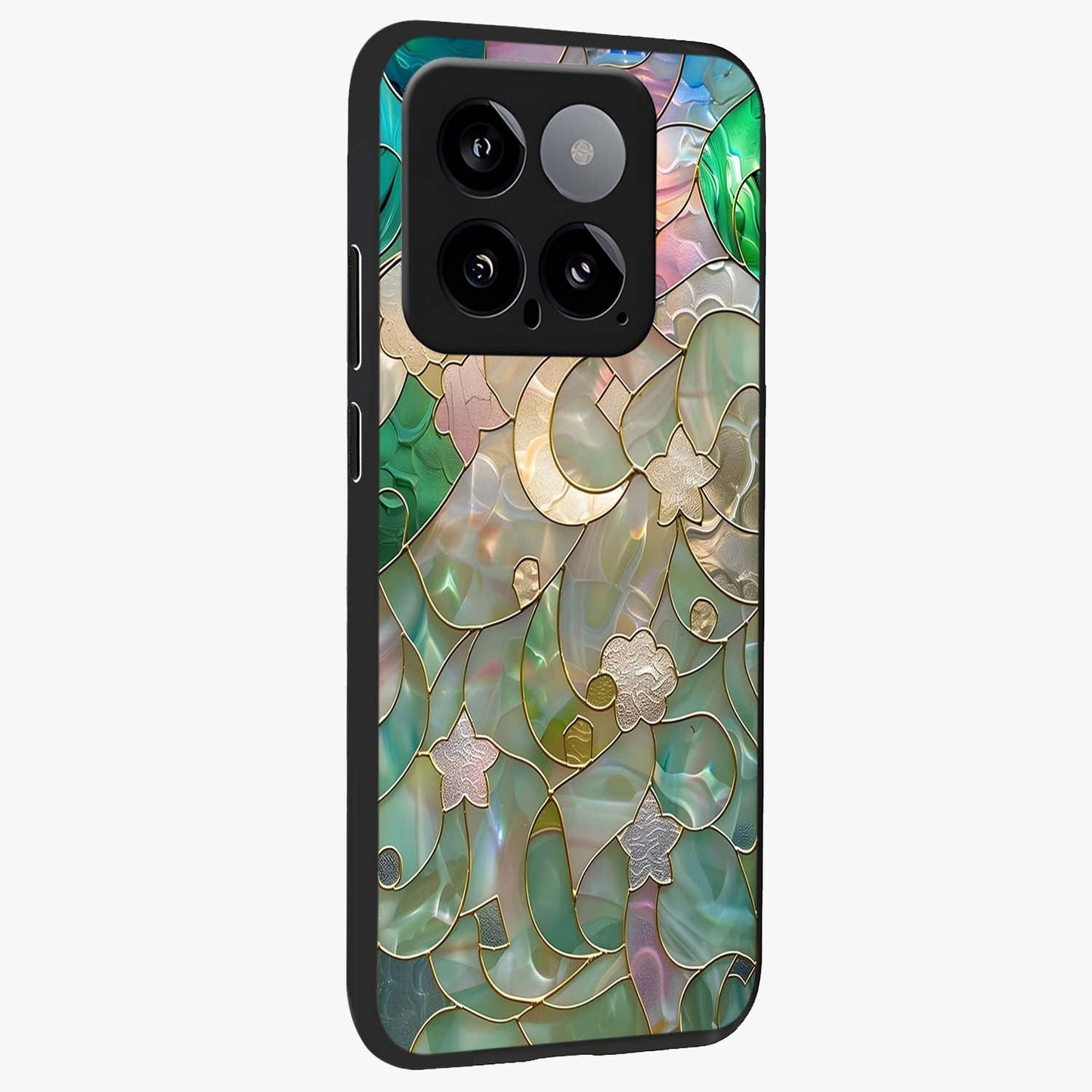 Stained Sunrise Glow Glass Case upright view showcasing colorful sunrise artwork with warm morning theme.