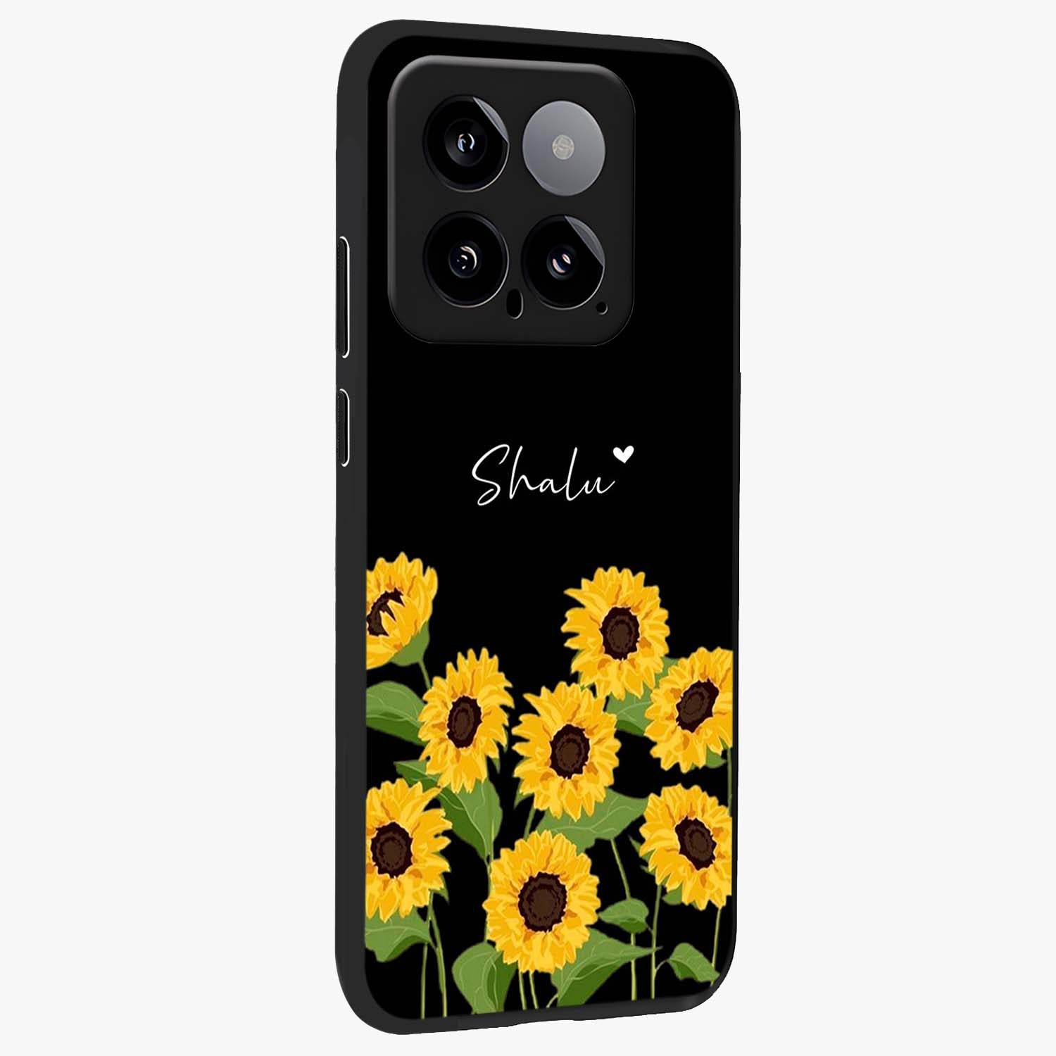Sunflower Chic Mood Custom Name Glass Case upright view showcasing cheerful sunflower artwork with trendy floral theme.