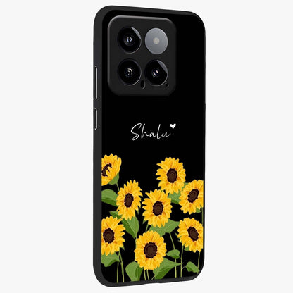 Sunflower Chic Mood Custom Name Glass Case upright view showcasing cheerful sunflower artwork with trendy floral theme.
