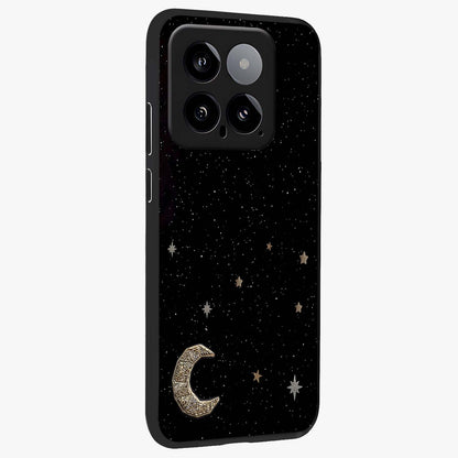 Twinkle Star With Half Moon Glass Case upright view showcasing glowing cosmic artwork with dreamy night theme.