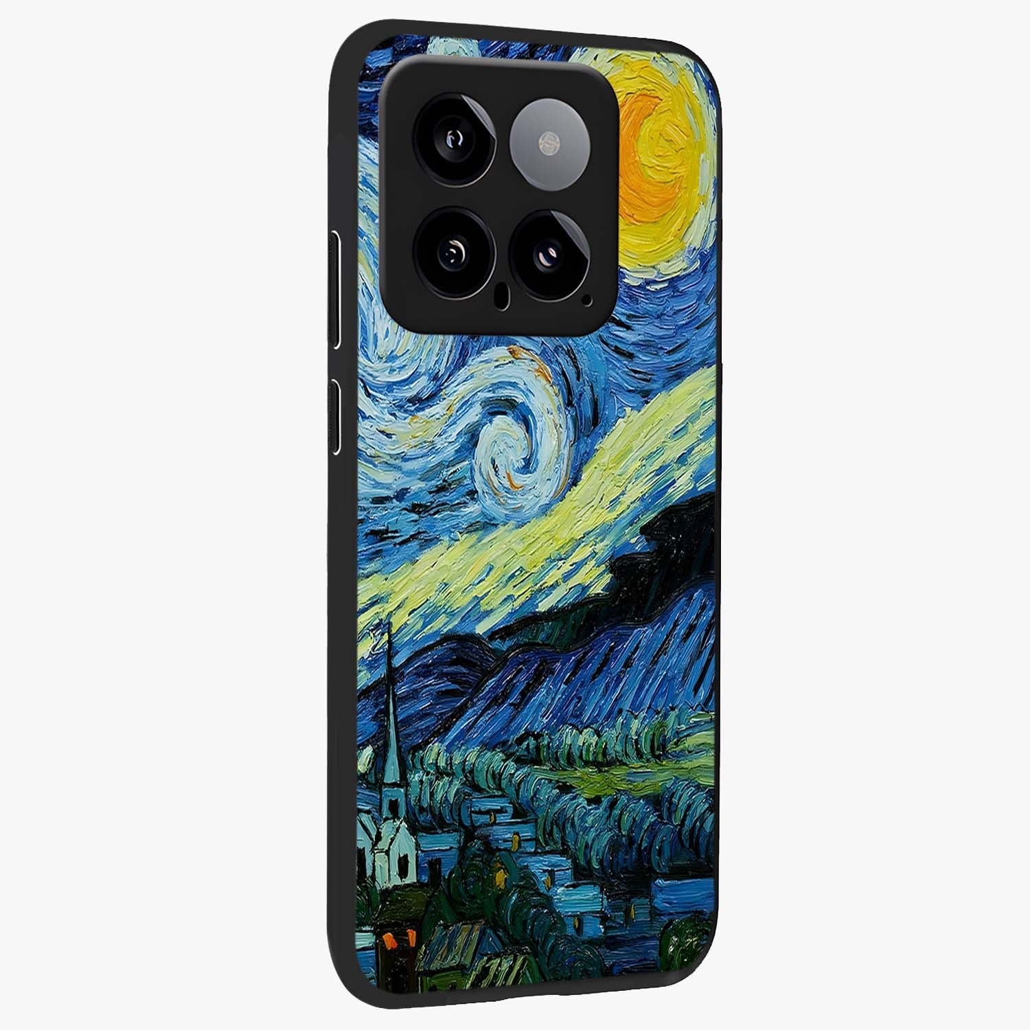 Van Gogh Art Glass Case upright view showcasing expressive painting style artwork with timeless artistic theme.