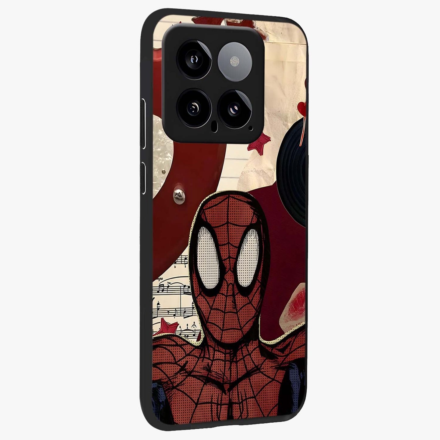 Web Warrior Vibes Glass Case upright view showcasing energetic superhero artwork with bold action theme.