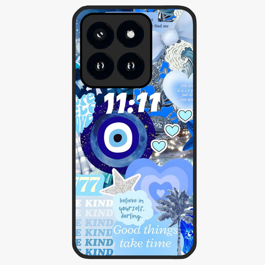 Aesthetic Be Kind Eye Glass Case showing flat back view with motivational eye artwork and glossy glass finish.