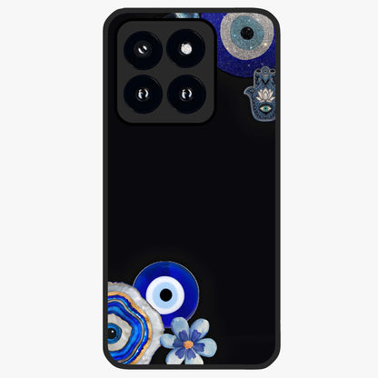 Aesthetic Blue Evil Eye Glass Case showing flat back view with protective evil eye artwork and glossy glass finish.