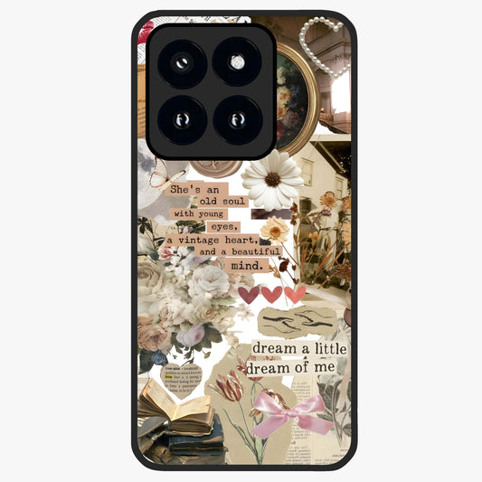 Aesthetic Brown Vintage Collage Glass Case showing flat back view with retro collage artwork and glossy glass finish.
