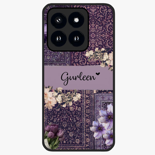 Antique Floral Whisper Custom Name Glass Case showing flat back view with vintage floral artwork and personalized name design.