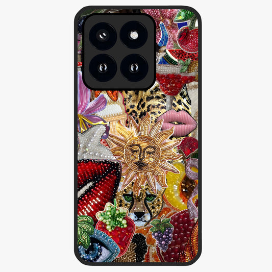 Beaded Fashion Jungle Glass Case showing flat back view with vibrant jungle inspired bead artwork and glossy glass finish.