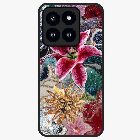 Beaded Garden Fantasy Glass Case showing flat back view with dreamy garden bead artwork and glossy glass finish.