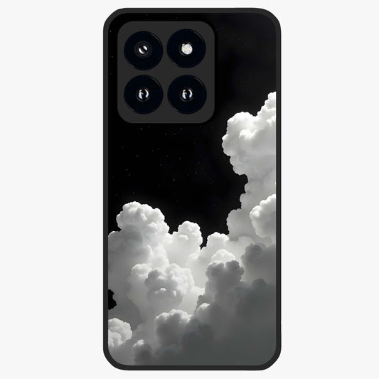 Black Background With White Cloud Glass Case showing flat back view with minimal cloud artwork on dark background and glossy glass finish.
