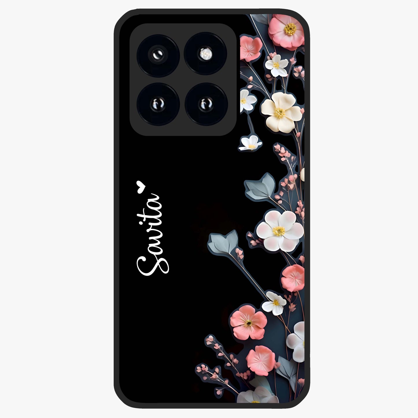 Black Elegance Floral Custom Name Glass Case showing flat back view with elegant floral artwork and personalized name design.