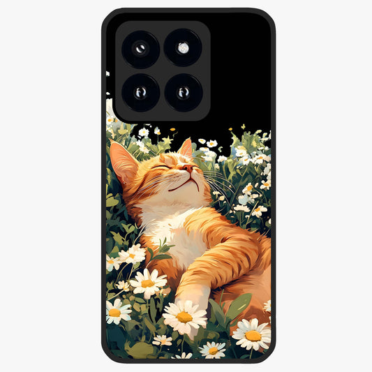 Blissful Bloom Cat Glass Case showing flat back view with cute cat and floral bloom artwork and glossy glass finish.
