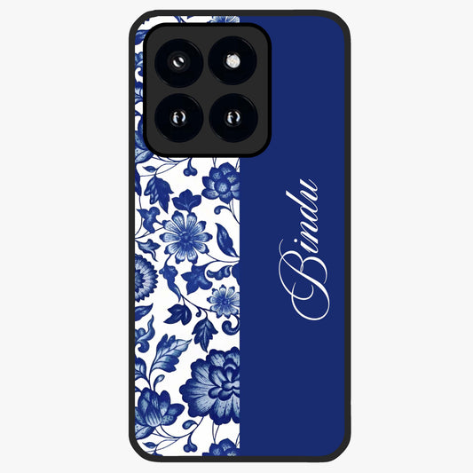 Blue Vintage Floral Pattern Glass Case upright view showcasing timeless floral illustration with vintage inspired style.
