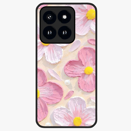 Blush Bloom Texture Glass Case showing flat back view with soft blush floral texture artwork and glossy glass finish.