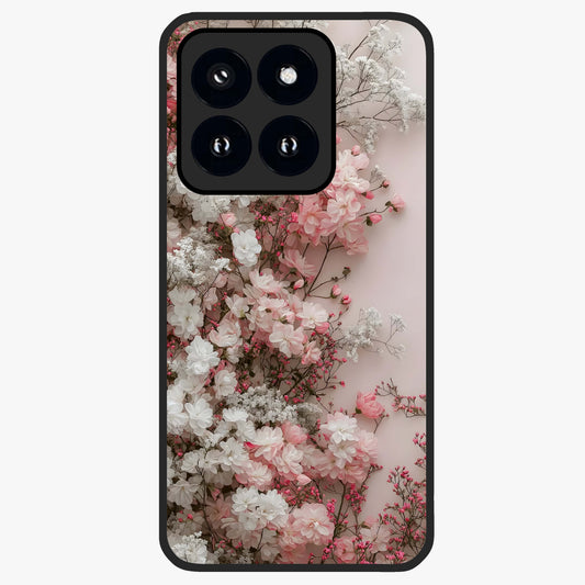 Blush Blossom Cloud Glass Case showing flat back view with dreamy blush cloud blossom artwork and glossy glass finish.