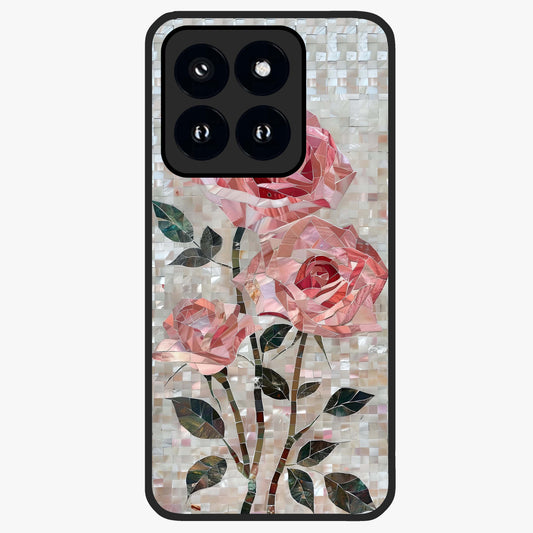 Blush Mosaic Bloom Glass Case showing flat back view with mosaic floral bloom artwork and glossy glass finish.