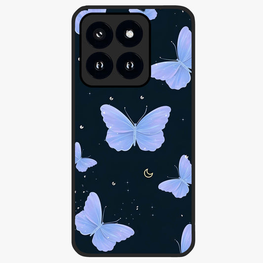 Butterfly With Stars Pattern Glass Case showing flat back view with butterfly and star pattern artwork and glossy glass finish.