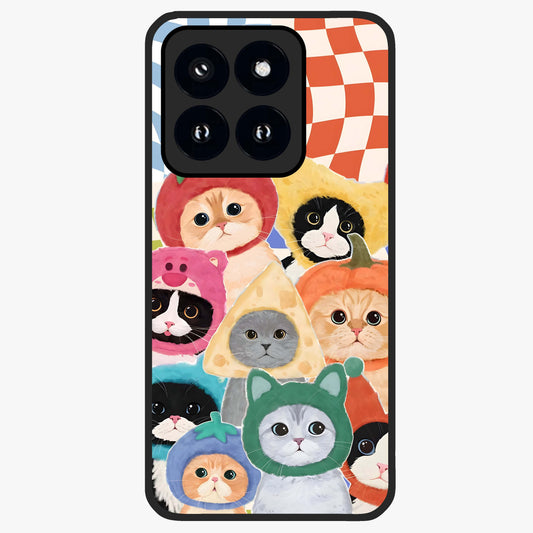 Cats in Fruits Glass Case showing flat back view with playful cat illustrations inside fruit artwork and glossy glass finish.