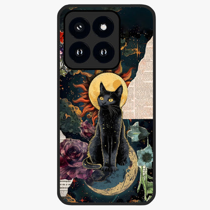 Celestial Black Cat Glass Case showing flat back view with mystical black cat artwork and glossy glass finish.