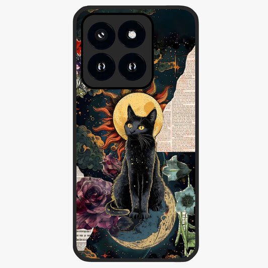 Celestial Black Cat Glass Case showing flat back view with mystical black cat artwork and glossy glass finish.