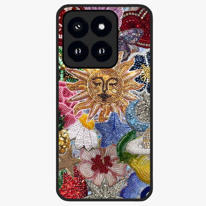 Celestial Floral and Playful Glass Case showing flat back view with floral and celestial themed artwork and glossy glass finish.