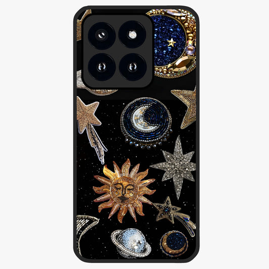 Celestial Gem Constellations Glass Case showing flat back view with sparkling constellation artwork and glossy glass finish.