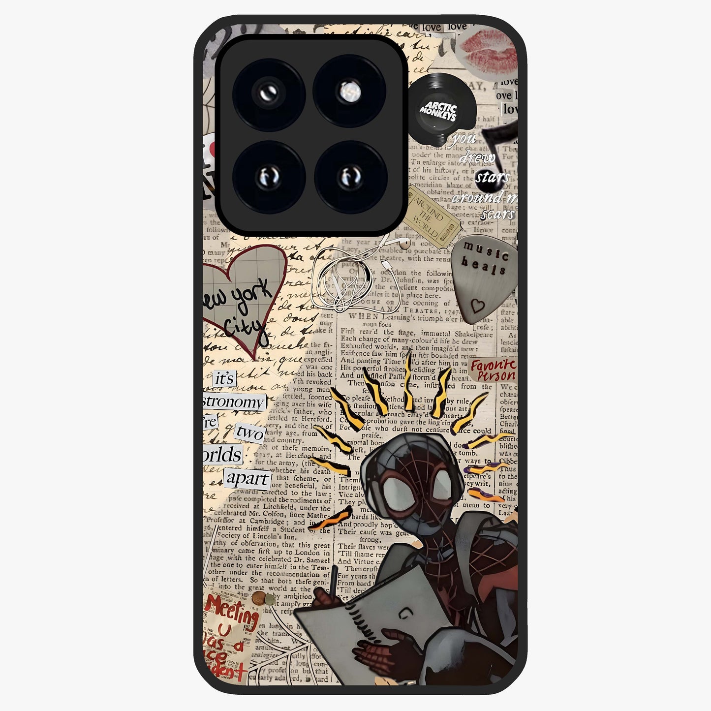City Dream Sketch Glass Case showing flat back view with artistic city skyline sketch artwork and glossy glass finish.