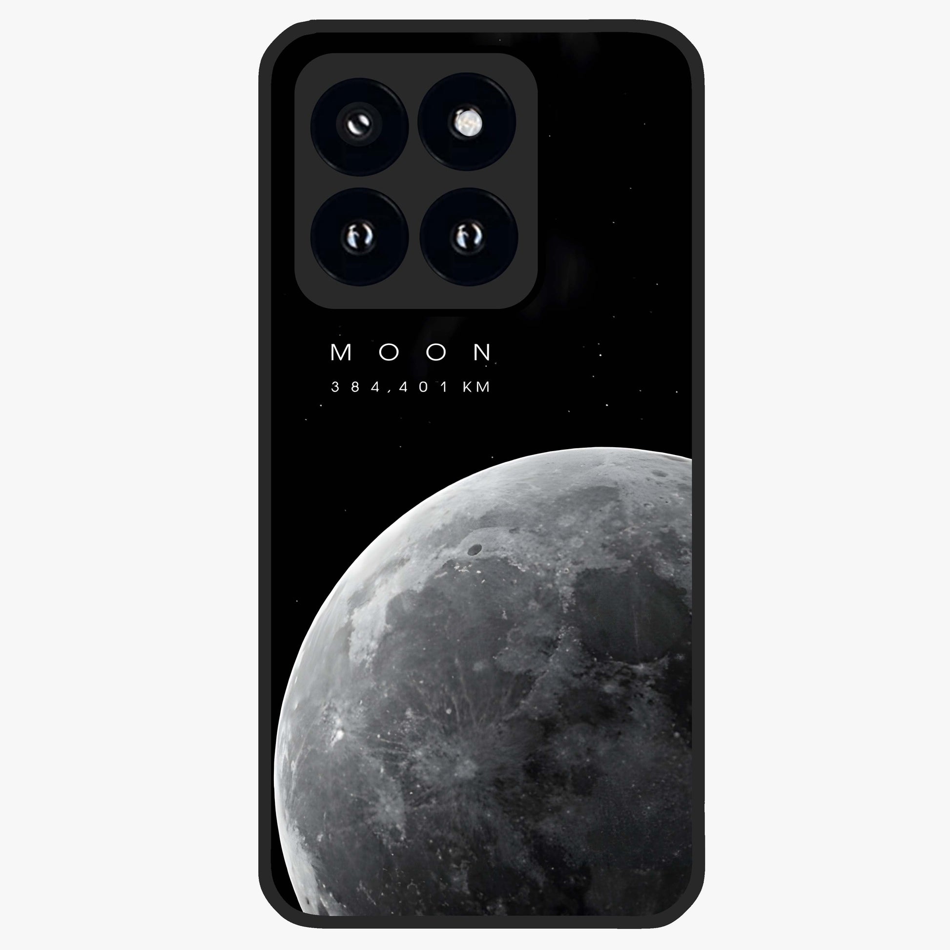 Cosmic Moon Glow Glass Case showing flat back view with glowing moon artwork and glossy glass finish.