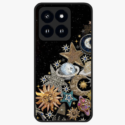 Cosmic Sparkle Dreams Glass Case showing flat back view with sparkling cosmic artwork and glossy glass finish.